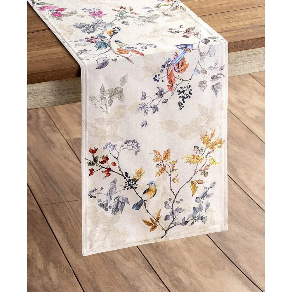 Maison d’ Hermine Equinoxe Grey Table Runner Floral Bird Autumn Forest 14.5x108